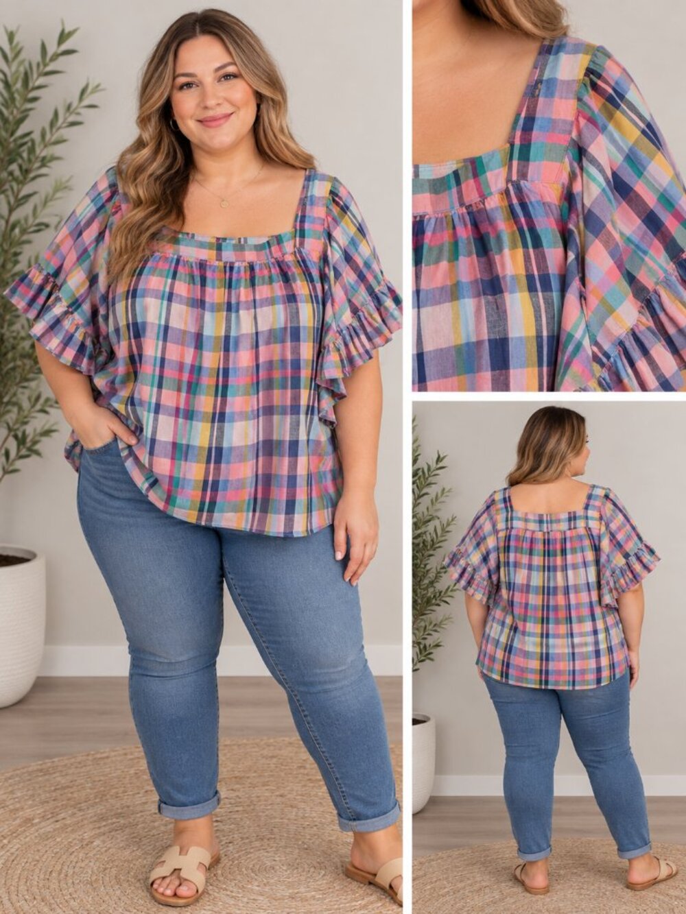 Terra & Sky Pastel Plaid Square-Neck Flutter Sleeve Blouse - Pink, Blue, Green